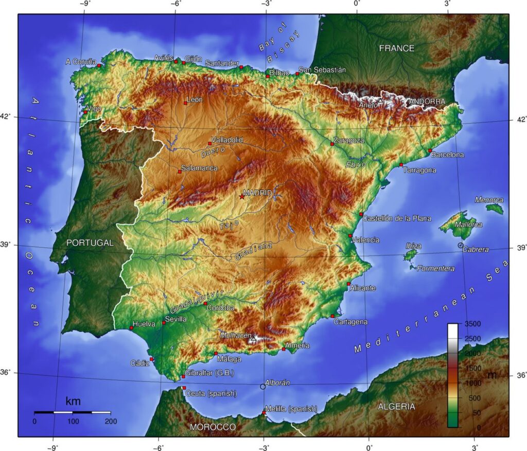 Топографическая карта Испании